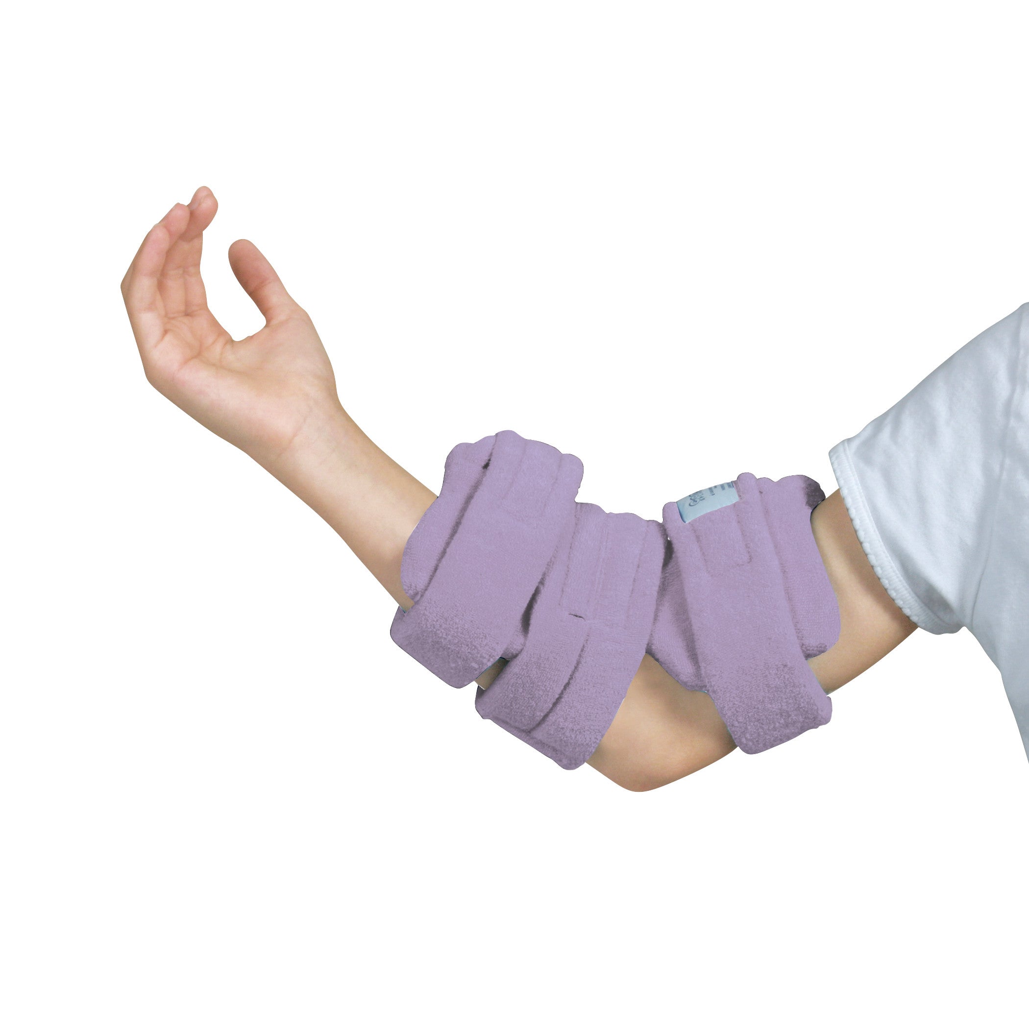 A person's arm is fitted with a Comfy Splints Pediatric Standard Elbow Orthosis, featuring purple, cushioned straps for support.