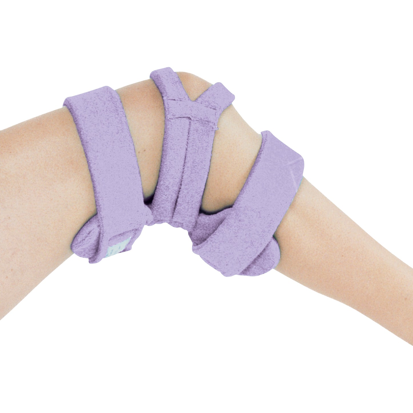 A child's knee is supported by a purple Comfy Splints Pediatric Standard Knee Orthosis, featuring adjustable straps and padding.