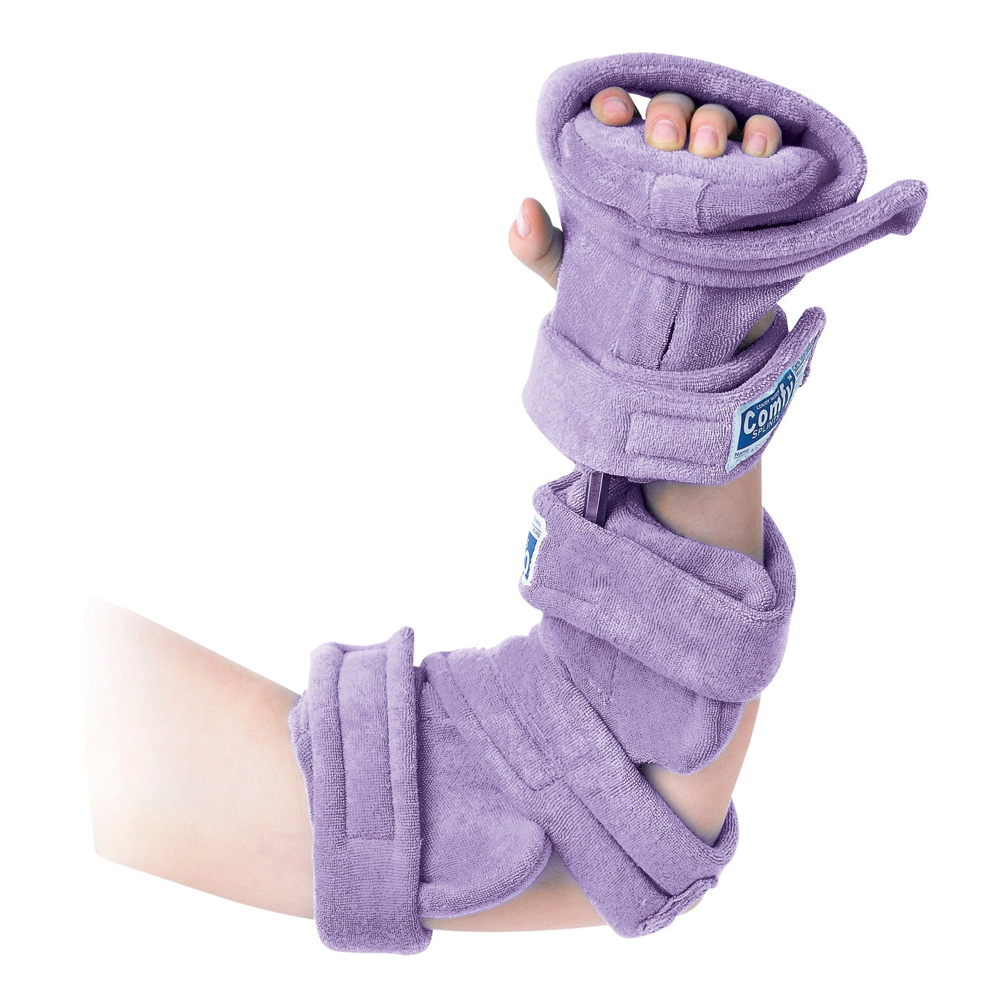 A child's arm is fitted with a purple Comfy Splints Pediatric Elbow and Full Hand Orthosis for support and stabilization.