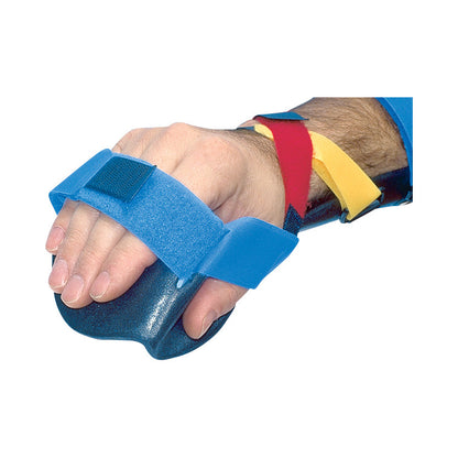 A hand wearing the AliMed AliLite Functional-Position Hand Splint with blue straps, designed to support and stabilize the wrist.
