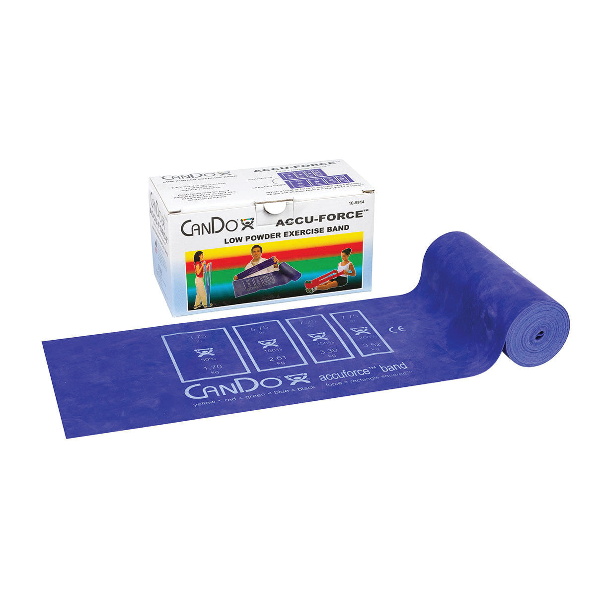 A blue CanDo AccuForce Latex Exercise Band is rolled out next to its box. The box has images of exercises and the band.