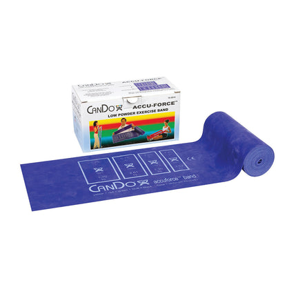 A blue CanDo AccuForce Latex Exercise Band is rolled out next to its box. The box has images of exercises and the band.