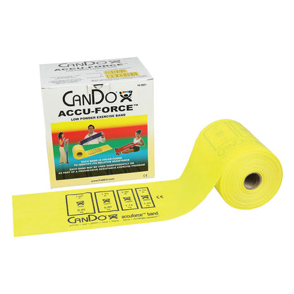 A yellow CanDo AccuForce Latex Exercise Band is shown unrolled next to its packaging box, which displays usage illustrations.
