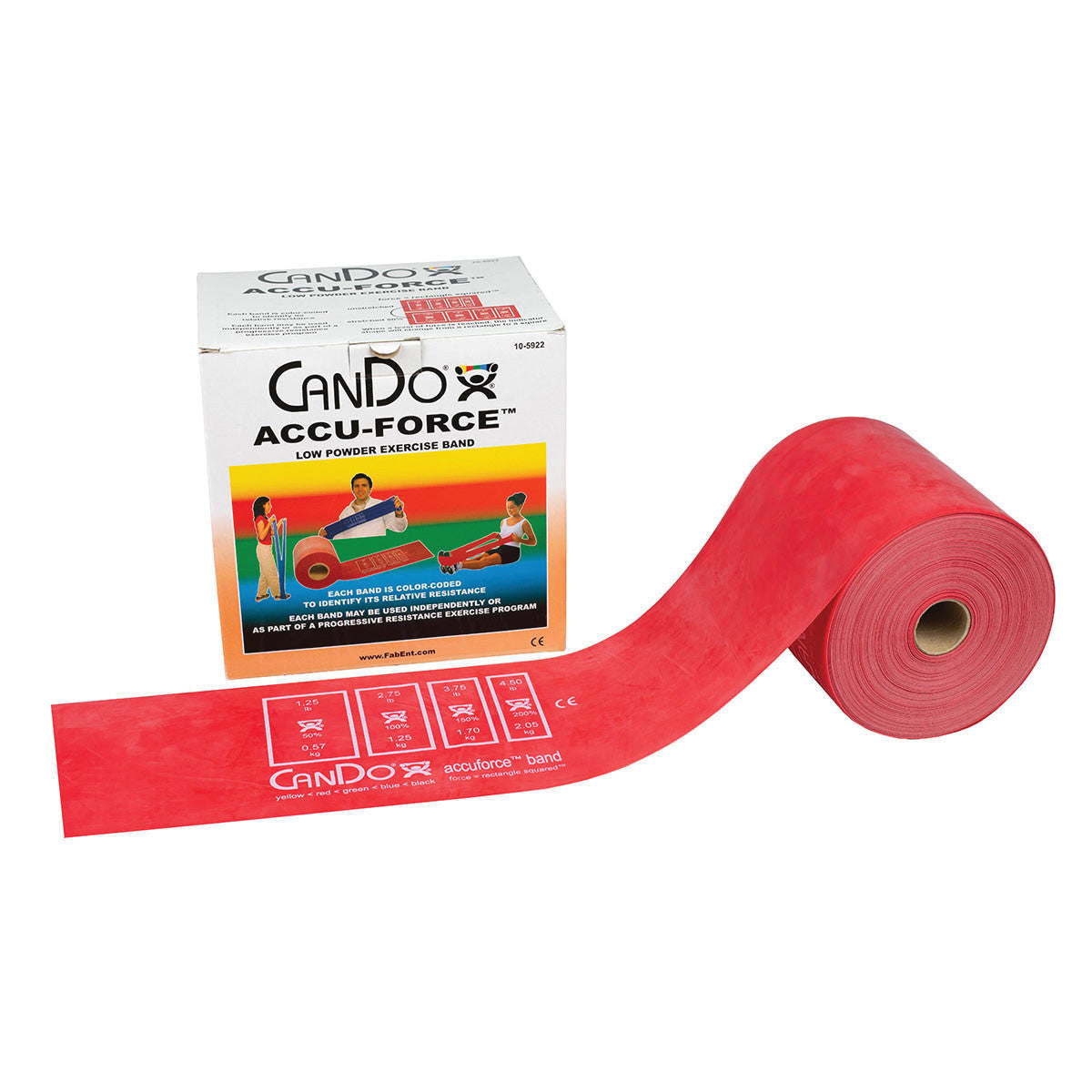 Boxed CanDo AccuForce Latex Exercise Band in red. The band is partially unrolled beside the box with exercise illustrations.