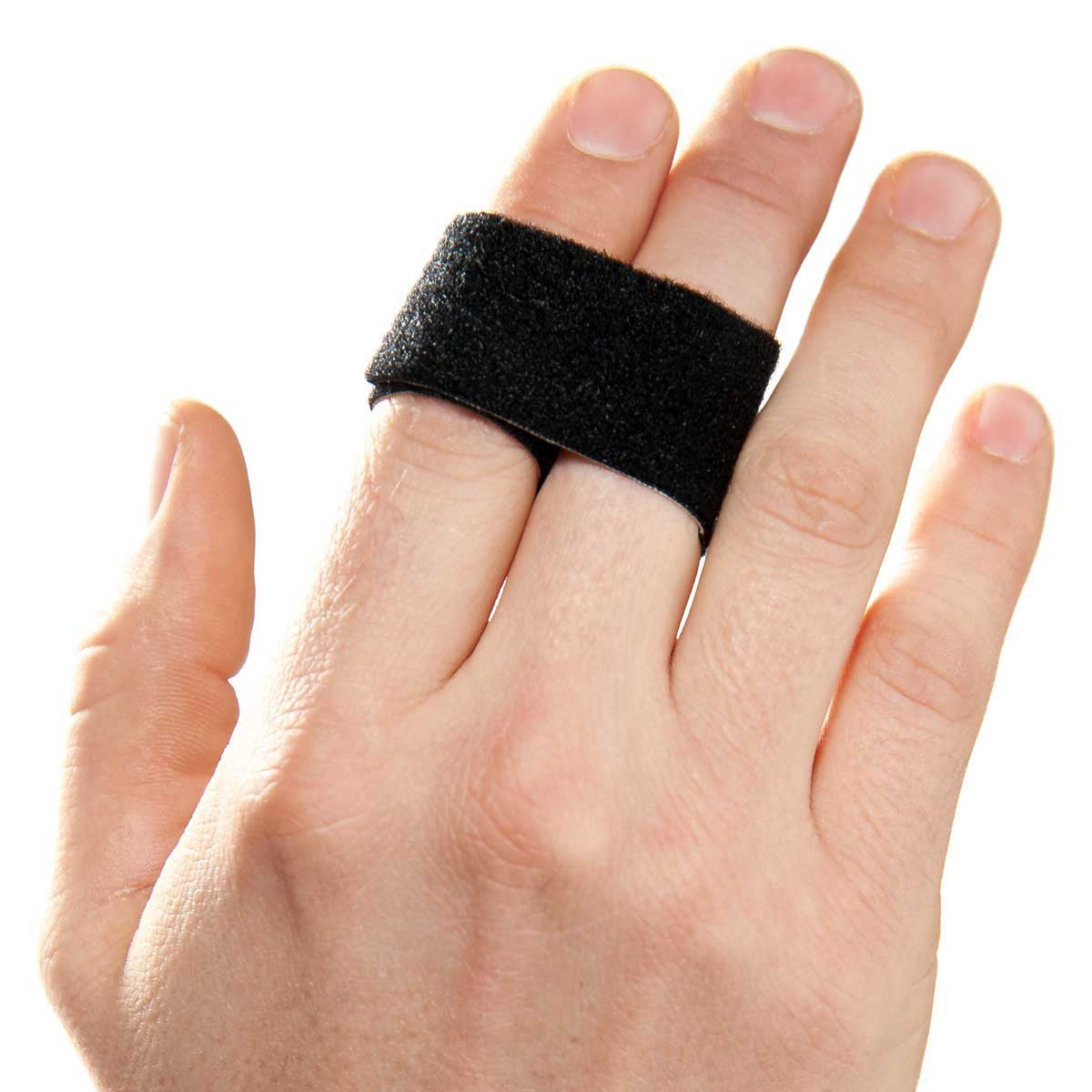 A hand wears a 3pp Buddy Loop Finger Splint, a black fabric strap, securing two fingers together for support.