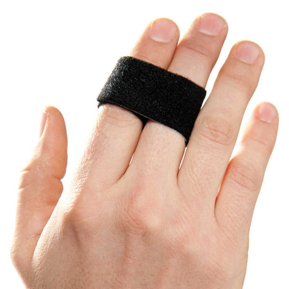 A hand wears a 3pp Buddy Loop Finger Splint, a black fabric strap, securing two fingers together for support.