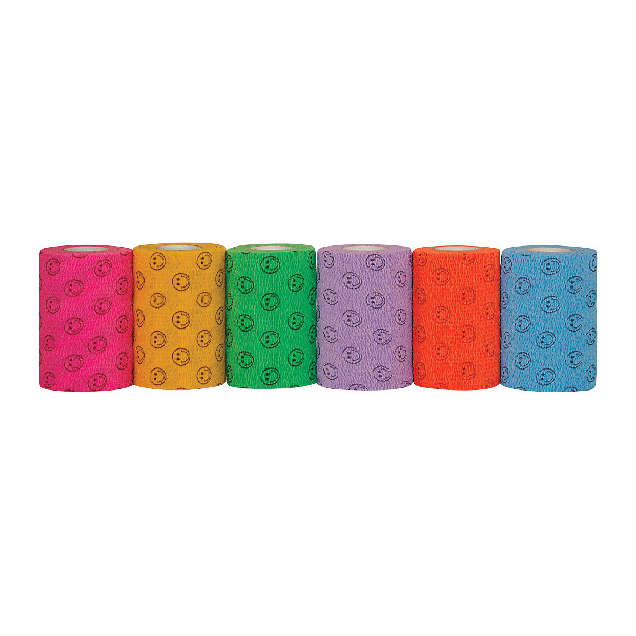 Six rolls of CoFlex Flexible Cohesive Bandage in pink, yellow, green, purple, orange, and blue, each with smiley face patterns.