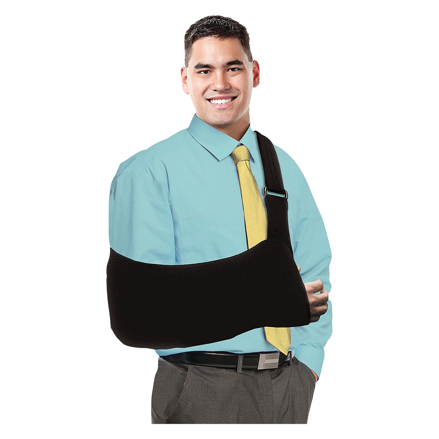 A man wears the Brownmed Joslin Ultimate Arm Sling, dressed in a blue shirt and yellow tie, against a white background.