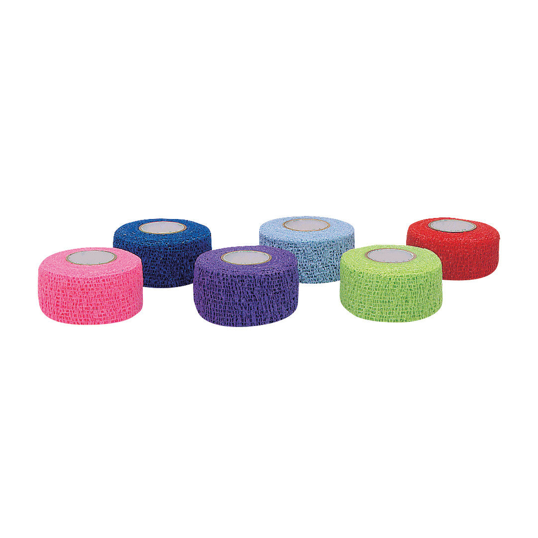 Six rolls of CoFlex LF2 Flexible Cohesive Bandage in pink, blue, purple, light blue, green, and red are displayed in a row.