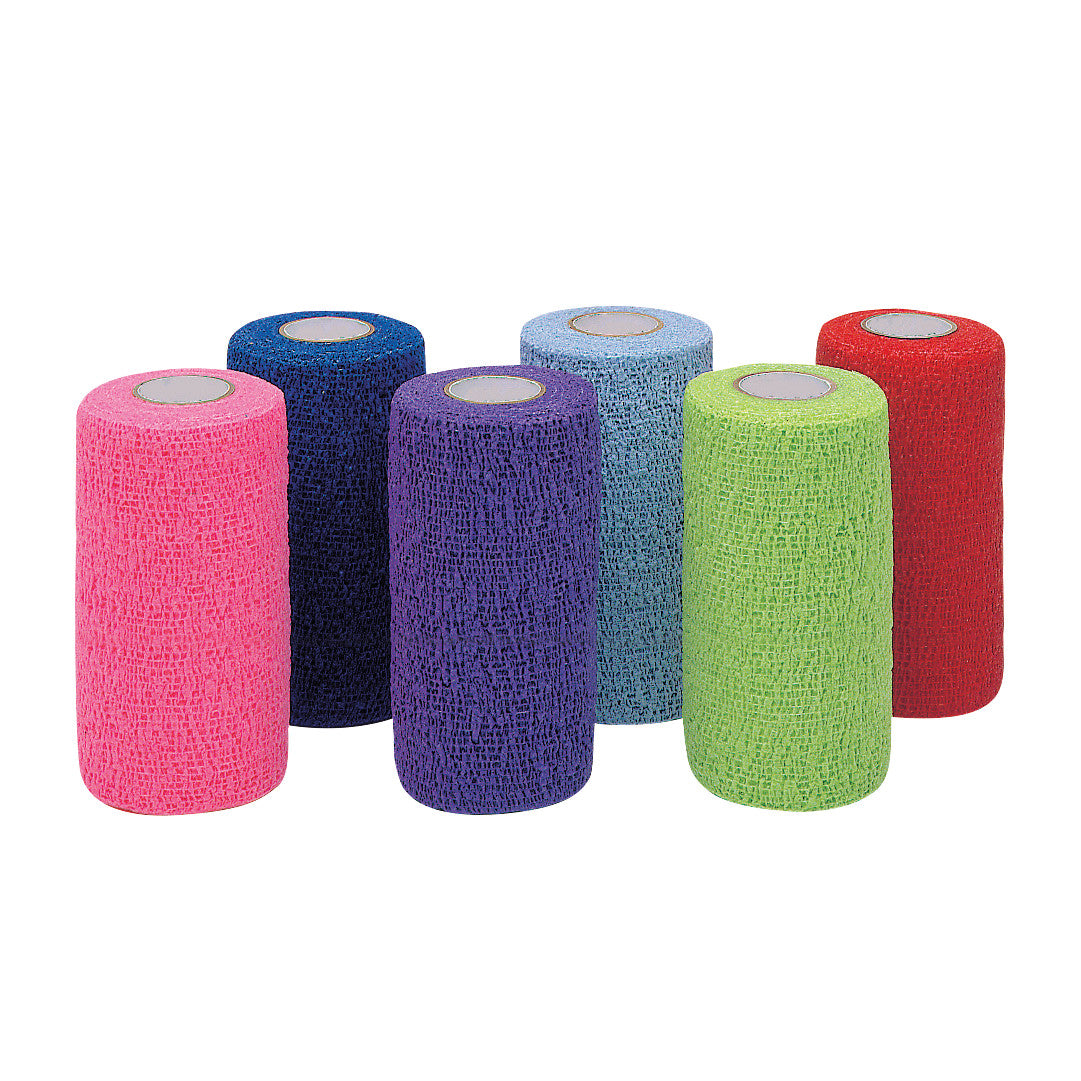 Six colorful CoFlex LF2 Flexible Cohesive Bandage rolls in pink, blue, purple, light blue, green, and red are displayed upright.
