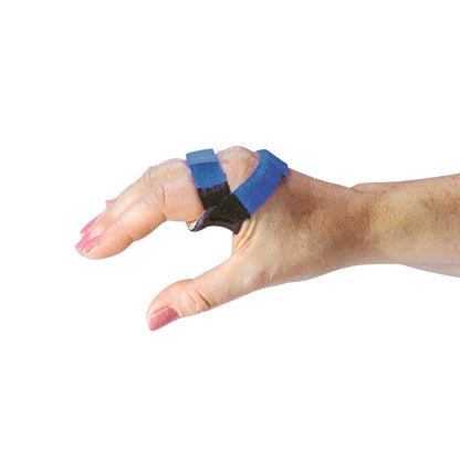 A hand wearing an AliMed Short Ulnar Deviation Splint in blue and black, supporting the fingers and wrist.