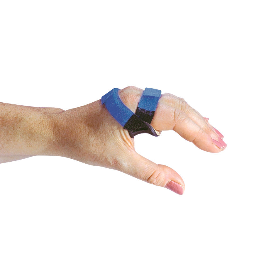 A hand wearing the AliMed Short Ulnar Deviation Splint. The blue and black splint supports the thumb, extending to the wrist.