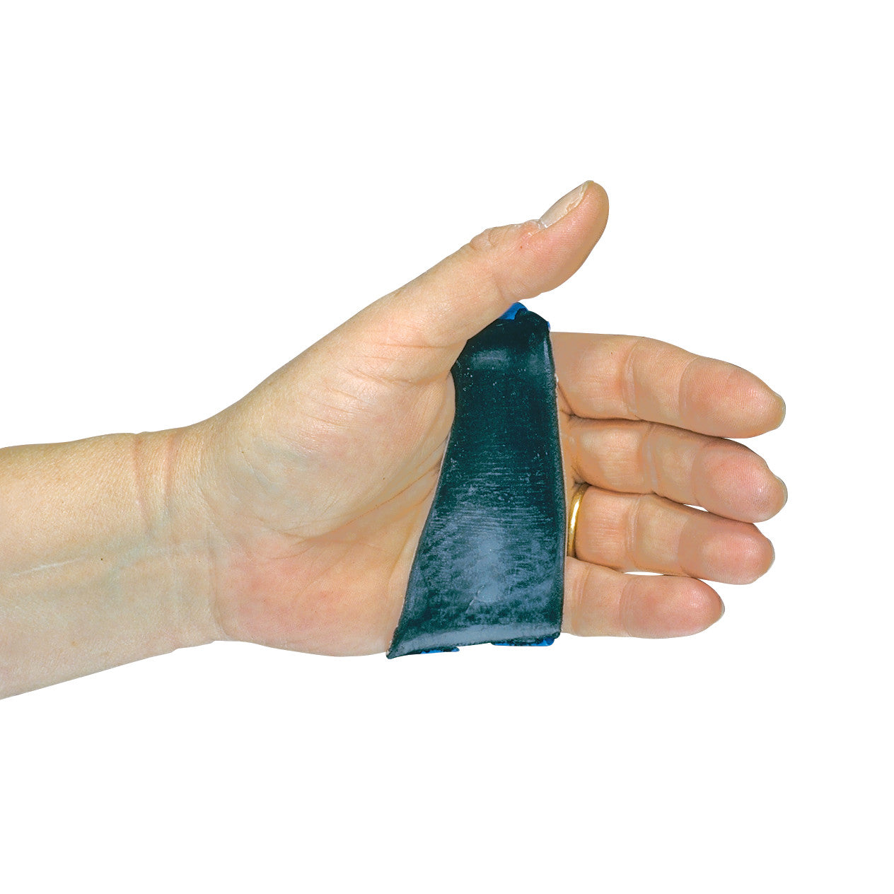 A hand is fitted with the AliMed Short Ulnar Deviation Splint, a dark blue supportive splint designed for finger alignment.