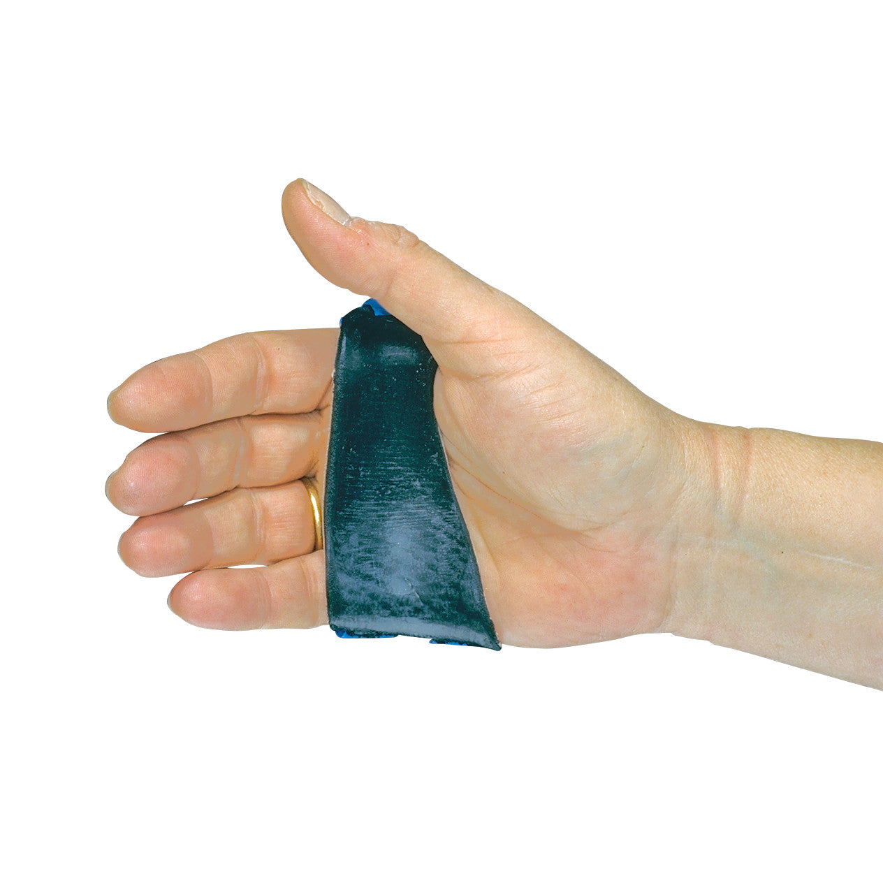 A hand demonstrates wearing the AliMed Short Ulnar Deviation Splint, a blue device supporting the thumb and wrist alignment.