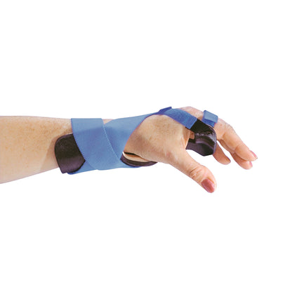 A hand wearing the AliMed Long Ulnar Deviation Wrist Splint with blue straps and black padding for support and stabilization.