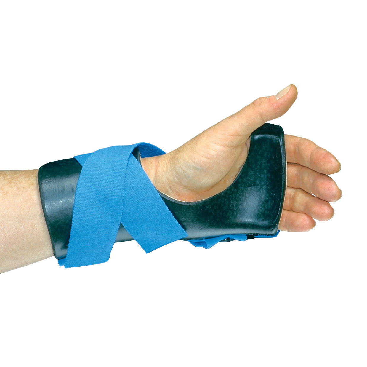 A hand wearing the AliMed Long Ulnar Deviation Wrist Splint with a blue strap, providing support to the wrist and hand.