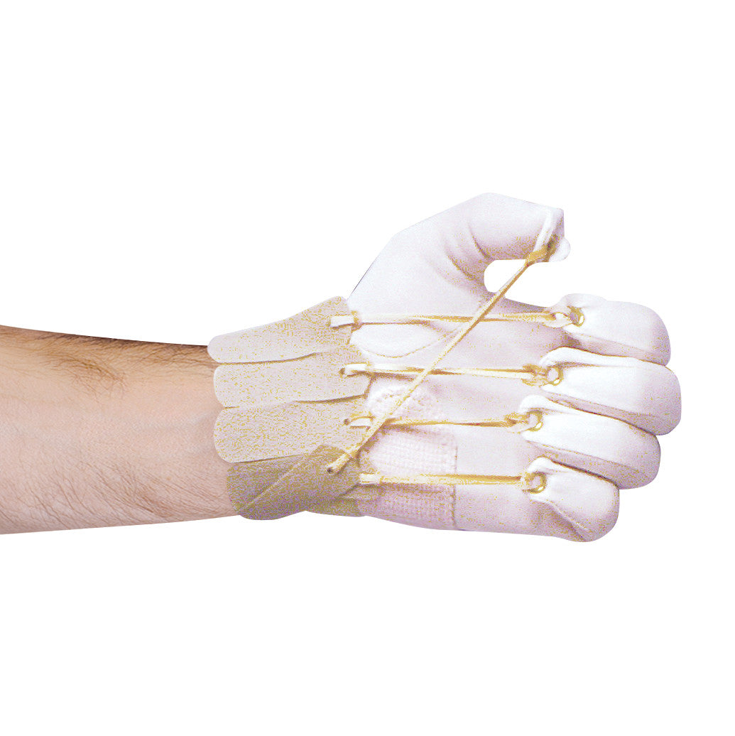 A Five-Finger Flexion Glove is shown. Strings connect each fingertip to the wrist, demonstrating its hand-flexion functionality.