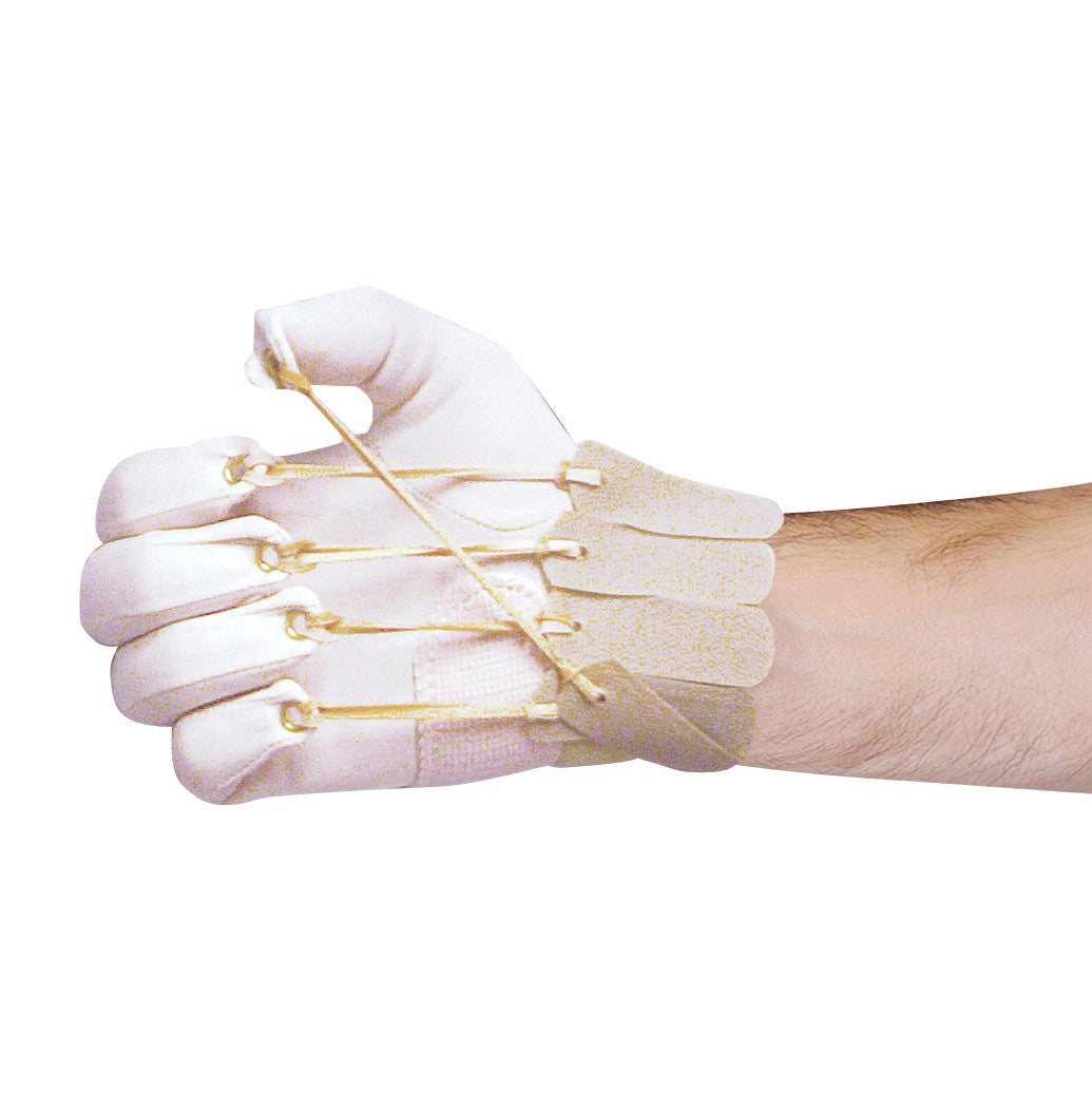 A Five-Finger Flexion Glove is shown on a hand, featuring straps connecting the fingertips to the wrist for therapeutic support.
