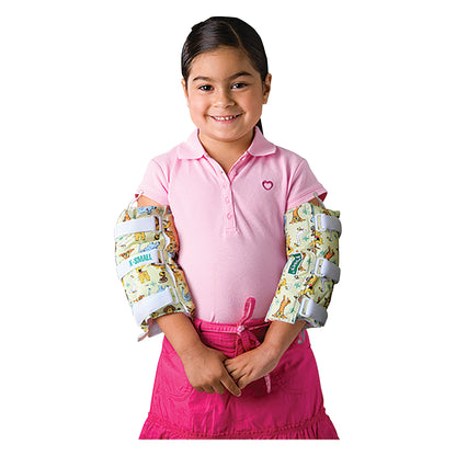 A child wears Posey Infant/Pediatric Arm Splints with cartoon designs, over a pink shirt and skirt, against a white background.