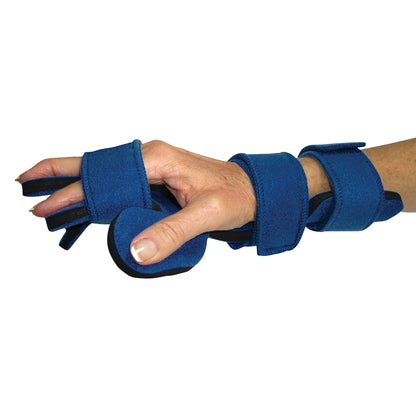 A hand wearing a Comfy Splints Adult Hand/Wrist Separate Finger Orthosis, a blue orthopedic brace with individual finger support.