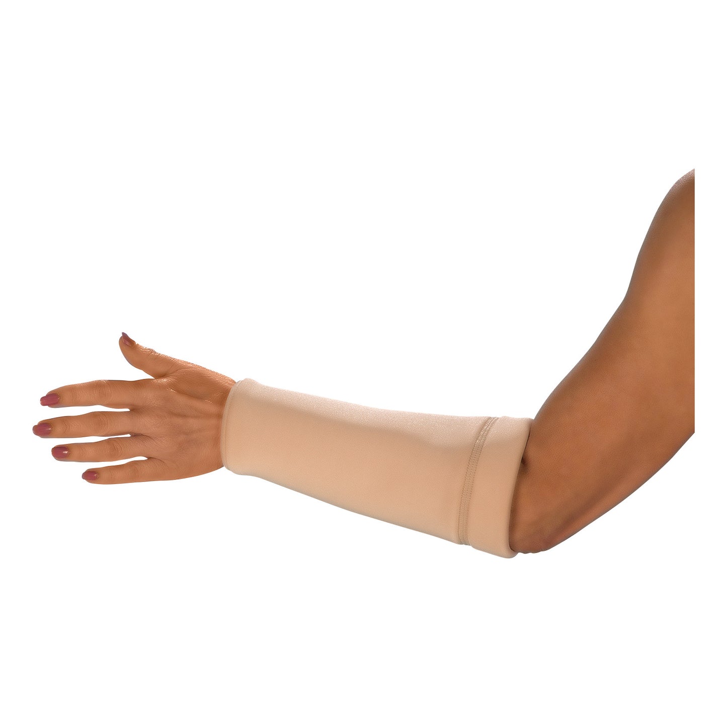 A person's forearm wearing a beige DermaSaver Forearm Tube for protection, with an arm extended and palm facing down.
