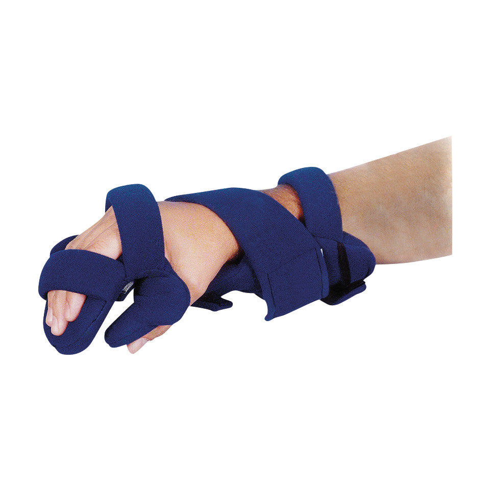 A hand is wearing a Rolyan HANZ WHFO splint, which is blue and designed to support and immobilize the wrist and fingers.