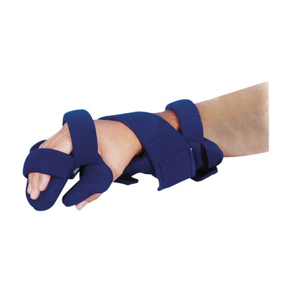 A hand is wearing a Rolyan HANZ WHFO orthosis, featuring navy blue fabric straps and padding, providing wrist and hand support.
