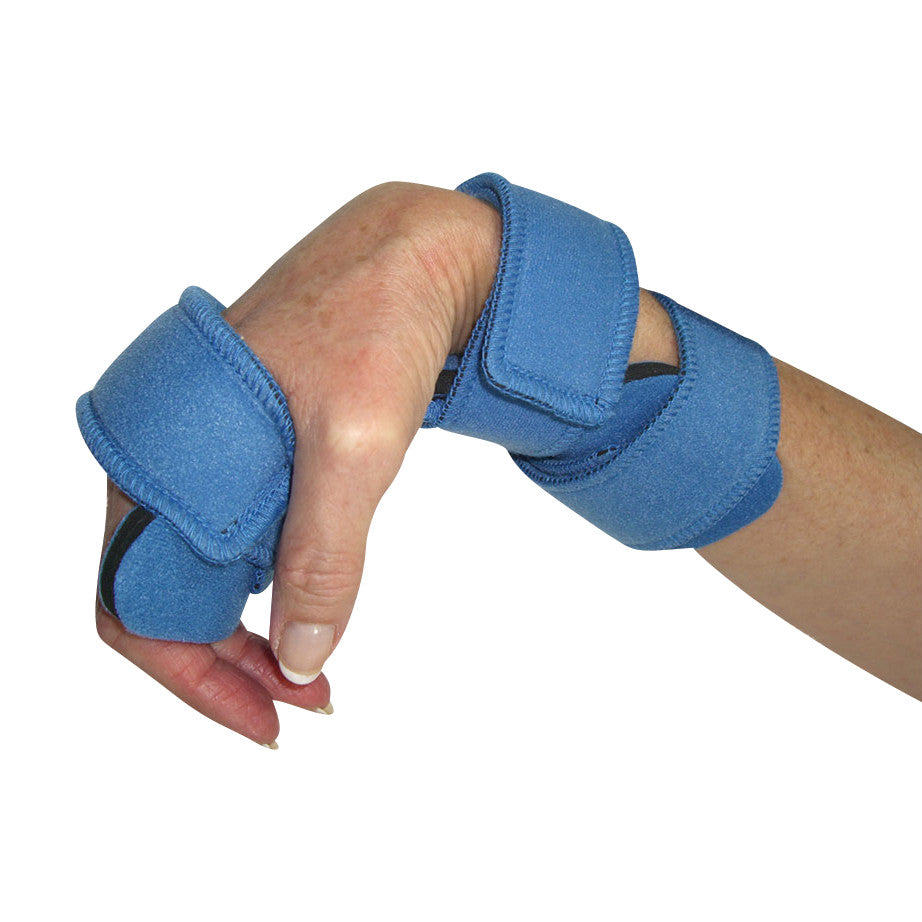 A person wears the Comfy Splints Adult Wrist Cock-Up Orthosis, a blue wrist support with adjustable straps for stabilization.