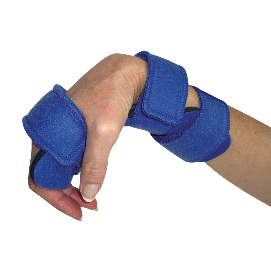 A hand wearing a blue Comfy Splints Adult Wrist Cock-Up Orthosis, featuring adjustable straps for wrist and thumb support.