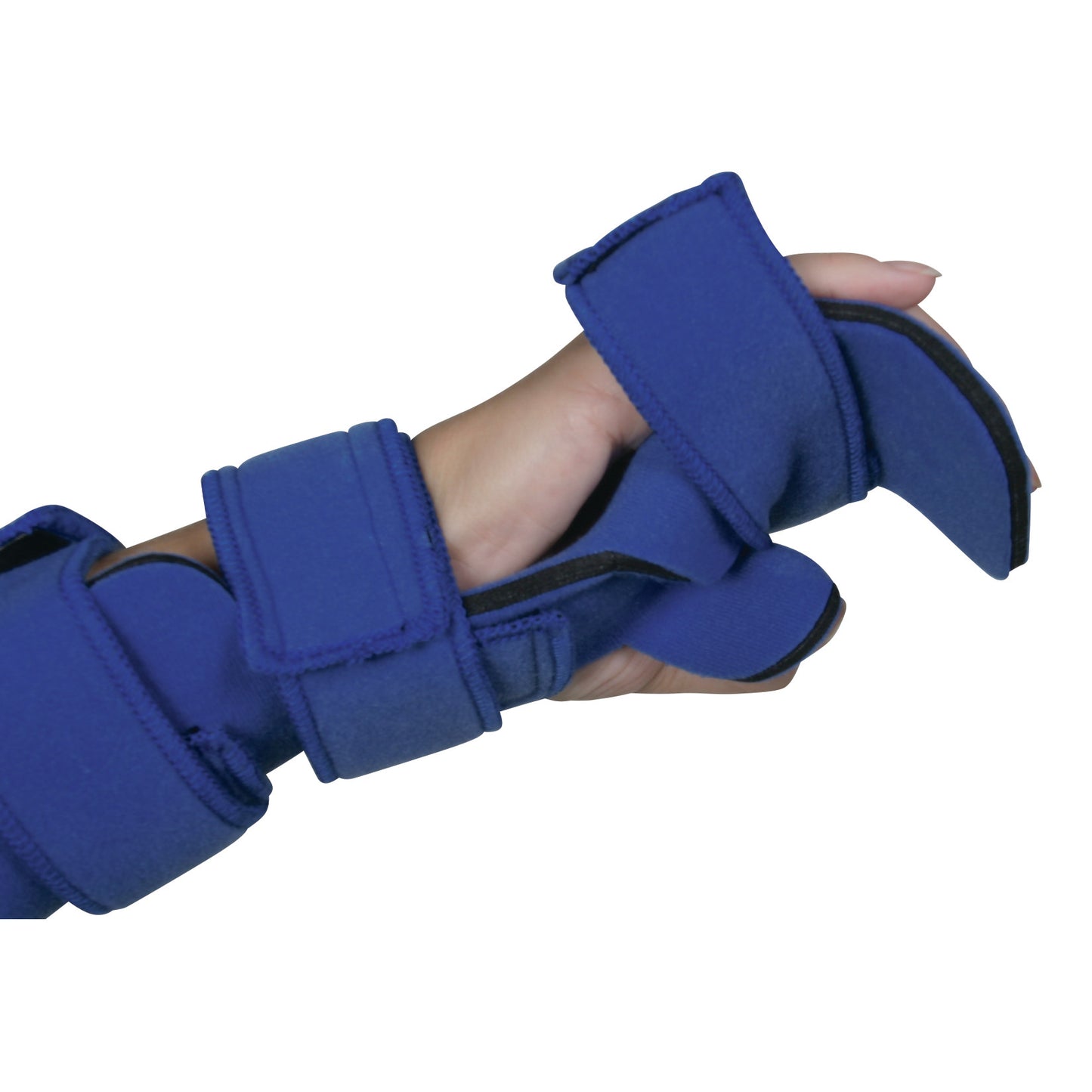 A hand wearing a Comfy Splints Adult Hand/Thumb Orthosis, featuring a blue padded support with adjustable straps.