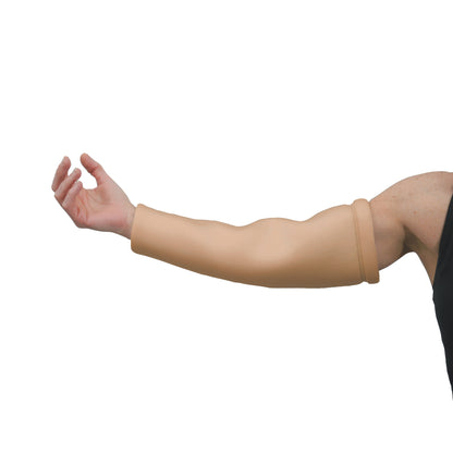 A person's arm is wearing the DermaSaver Double Elbow Arm Tube, a peach-colored protective sleeve extending from elbow to wrist.