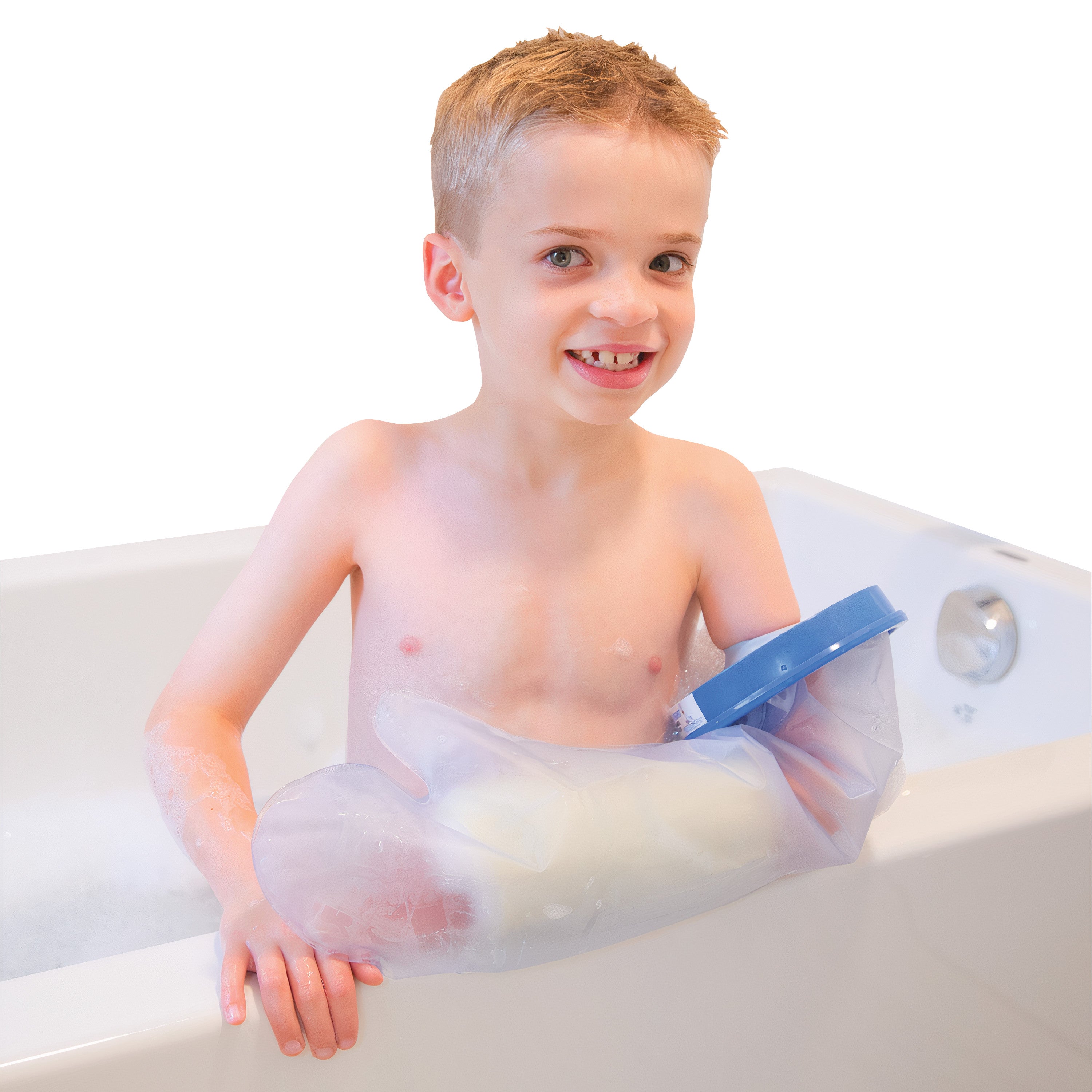 A child bathes while using the Brownmed SEAL-TIGHT Original Cast and Bandage Protector on their arm in a bathtub.