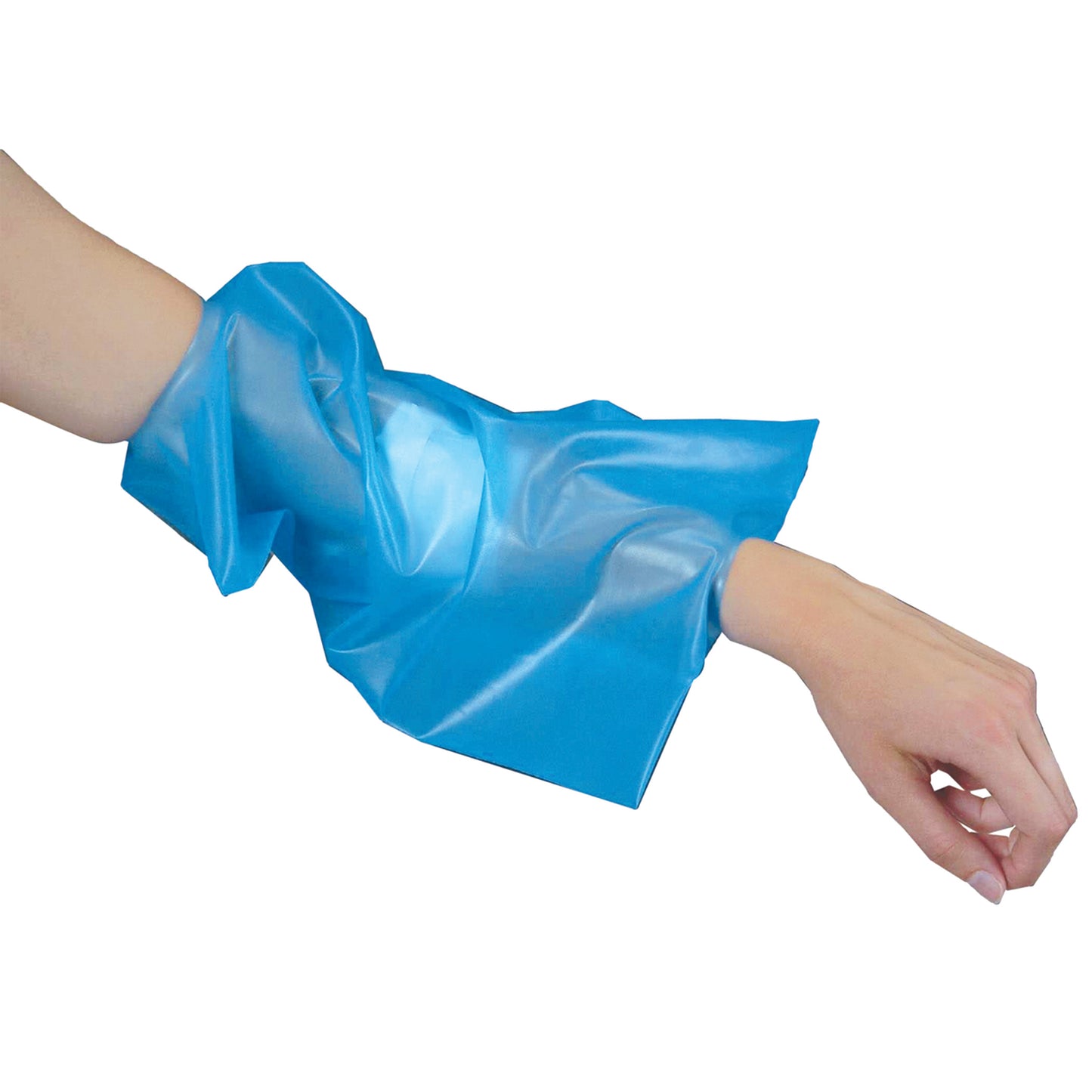 A hand wearing a Brownmed SEAL-TIGHT Mid-Arm Protector, a blue waterproof sleeve covering up to the mid-arm.