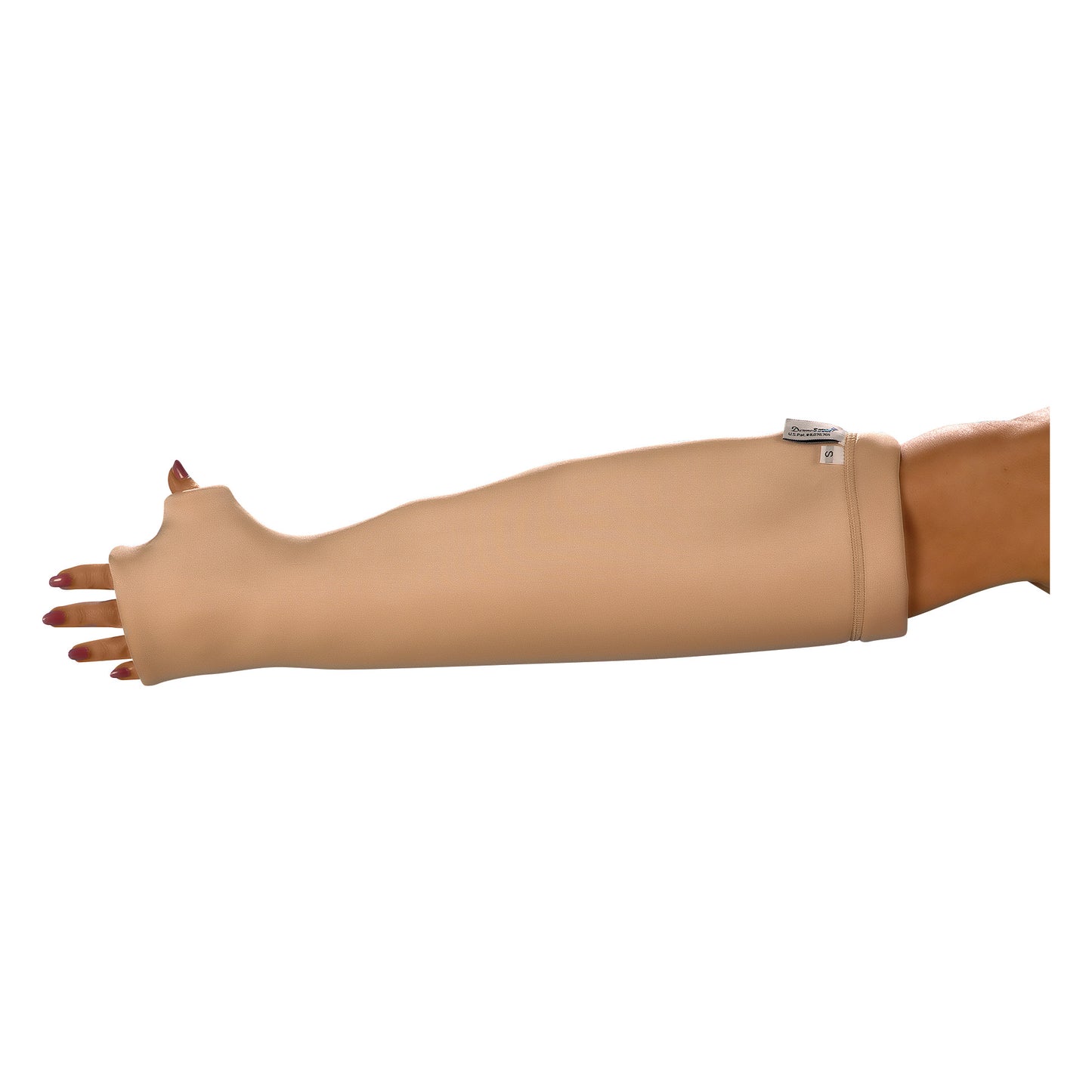 A DermaSaver Arm Tube with Knuckle Protector is shown on an arm. It is beige and extends from the knuckles to the upper arm.