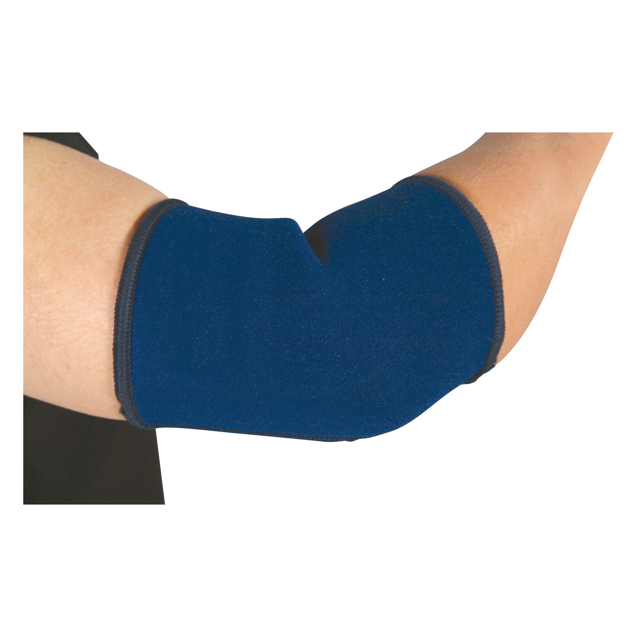 A person's elbow is shown wearing an AliMed Neoprene Elbow Sleeve, which is blue with black trim.