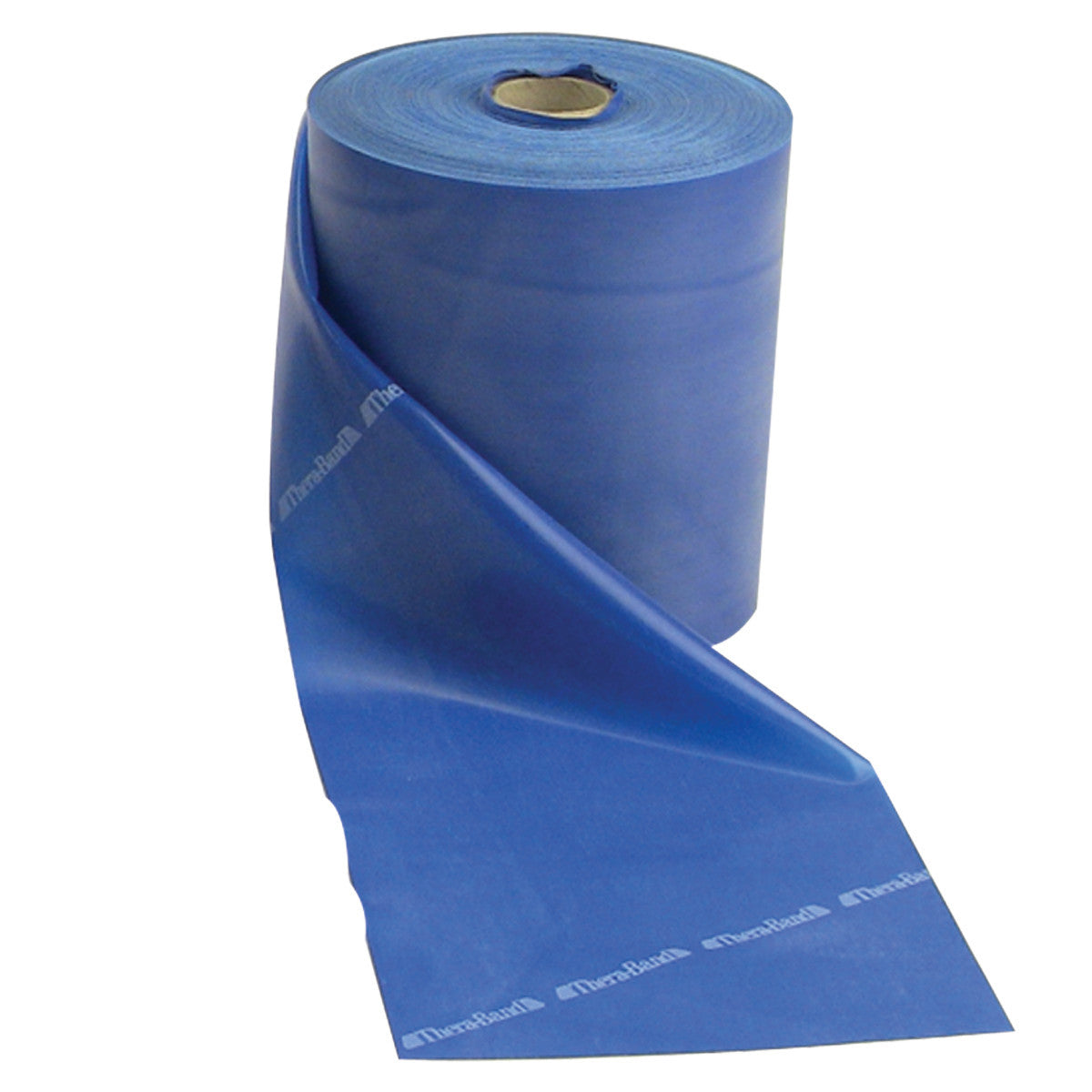 A blue roll of THERABAND Non-Latex Resistive Exercise Band is partially unrolled, showing its flat surface.