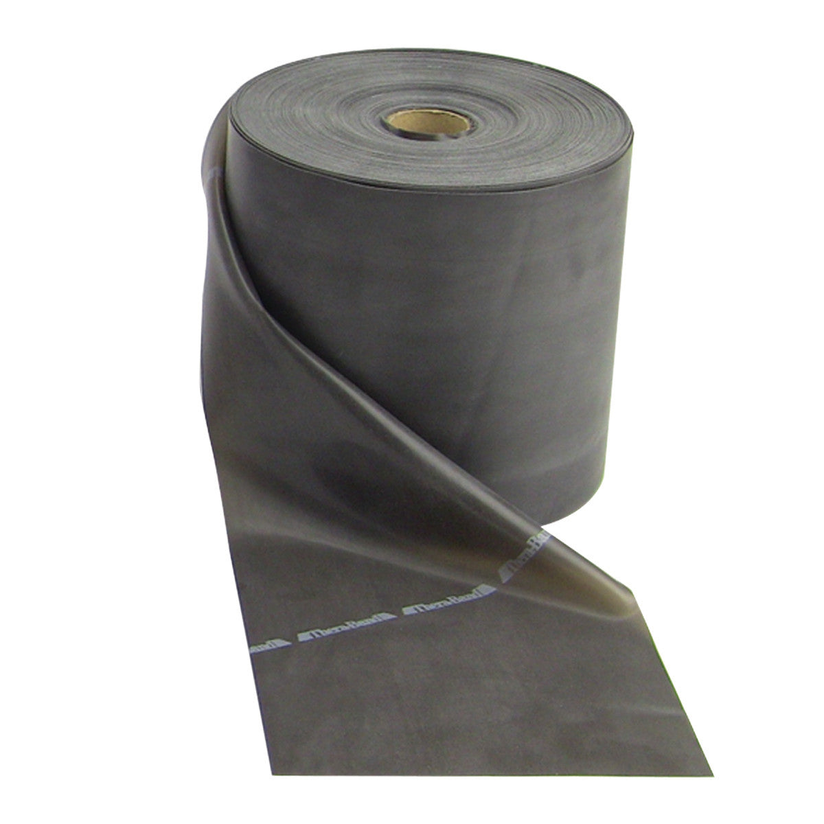 A roll of THERABAND Non-Latex Resistive Exercise Band, unrolled partially, showing its smooth, gray surface.