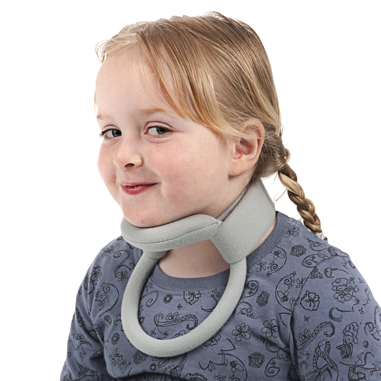 A child wearing a Headmaster Collar. It's gray and supports the neck while wrapping around the chin and lower jaw.