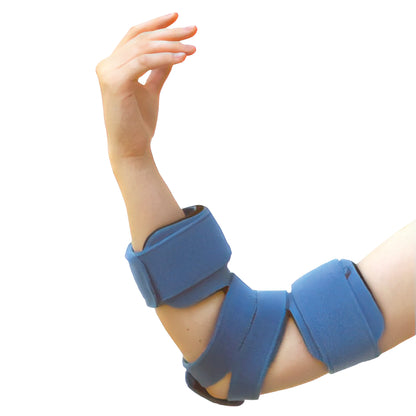 An arm wearing a blue Comfy Splints Adult Goniometer Elbow Orthosis, featuring adjustable straps for support and positioning.