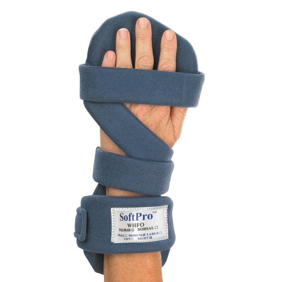 A hand wears an OCSI SoftPro Palmar Resting WHFO, a blue padded orthopedic brace with straps, providing wrist and hand support.