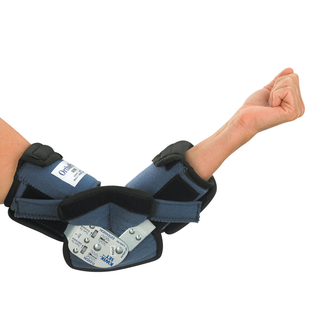 A person wearing an OCSI OrthoPro ROM Elbow Orthosis. The brace is blue with adjustable straps and a metal hinge for support.