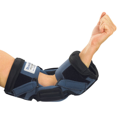 The OCSI DynaPro Flex Elbow Orthosis is shown on an arm, featuring blue and black padding with adjustable straps for support.