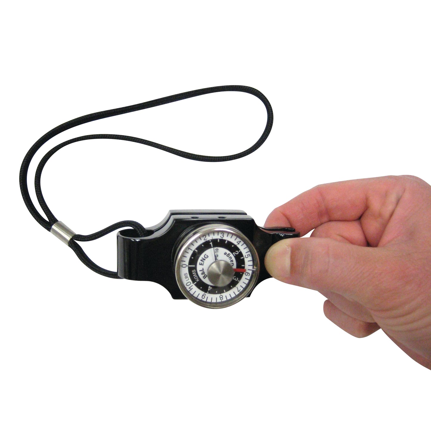 A hand holds a B&L Engineering Pinch Gauge, featuring a dial and a black wrist strap attached.