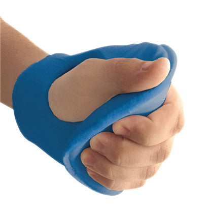 A hand holds a Ventopedic Premium Palm Protector in blue, designed to cushion and protect the palm.