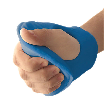 A hand grips a Ventopedic Premium Palm Protector, a blue, cushioned item designed to comfort and protect the palm.