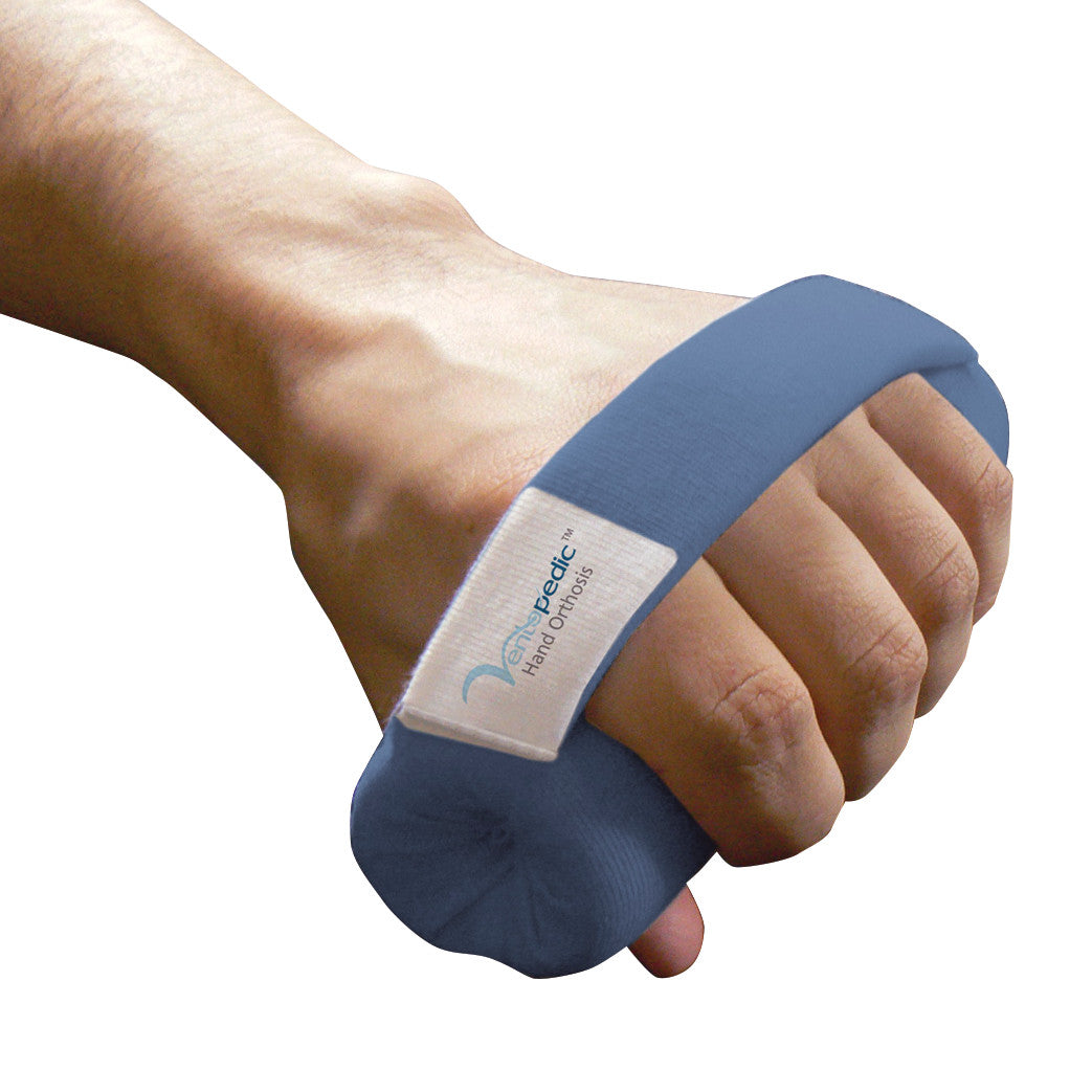 A hand wearing a Ventopedic Hand Orthosis in blue, designed to support and protect the fingers and hand.