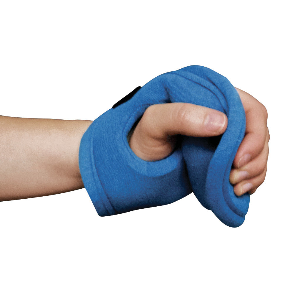 A hand grips a blue Ventopedic Premium Palm Protector with Cylinder Roll, providing comfort and stabilization.