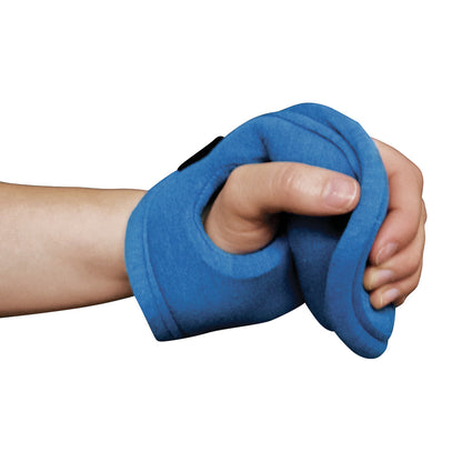 A hand grips the Ventopedic Premium Palm Protector with Cylinder Roll, a blue padded hand support with a cylindrical shape.