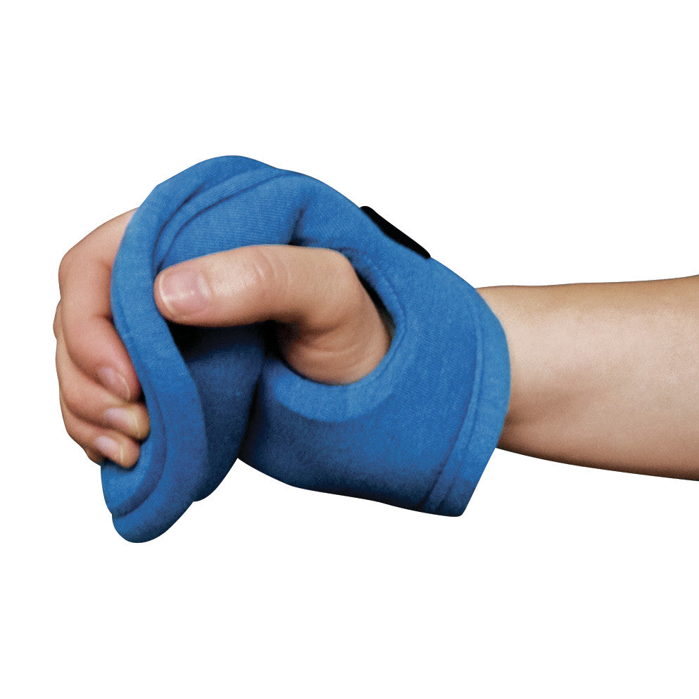 A hand holding a Ventopedic Premium Palm Protector with a blue cylinder roll; designed for comfort and protection.
