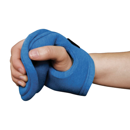 A hand grips the Ventopedic Premium Palm Protector with Cylinder Roll. The product is blue and designed for comfort and support.